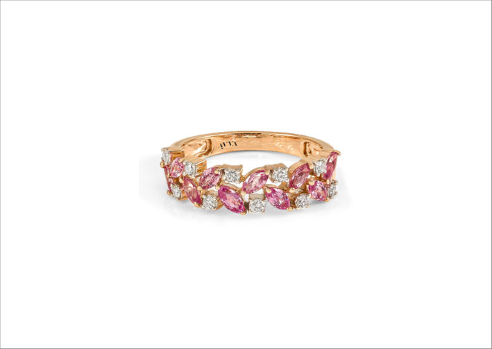 Anello impilabile in oro 18 carati con diamanti e zaffiri rosa