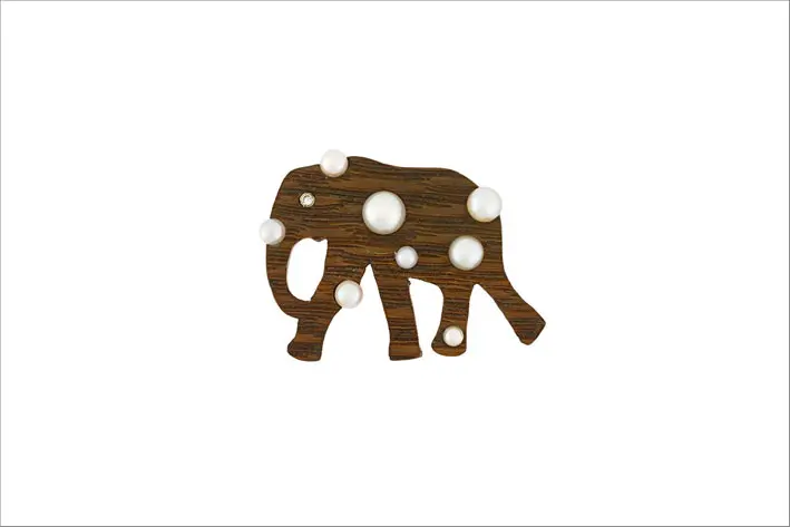 Pendente Elephant in legno, perle, oro, diamanti