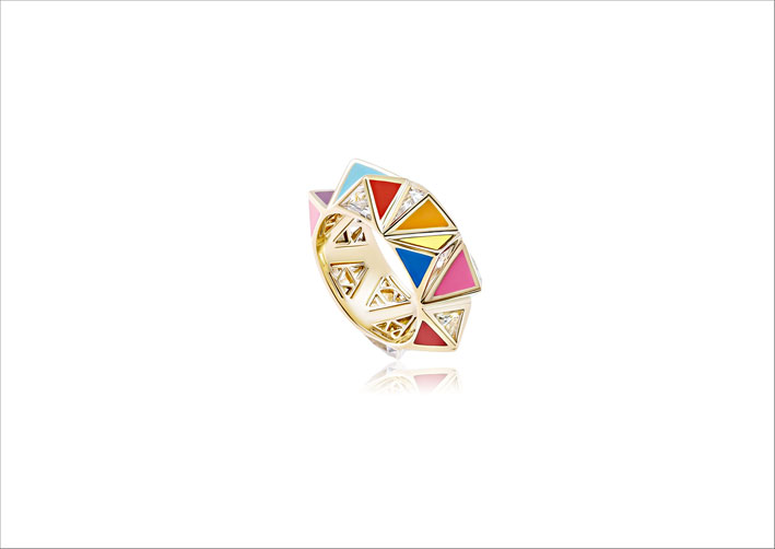 Anello della collezione Origami, in oro 18 carati, diamanti, smalto