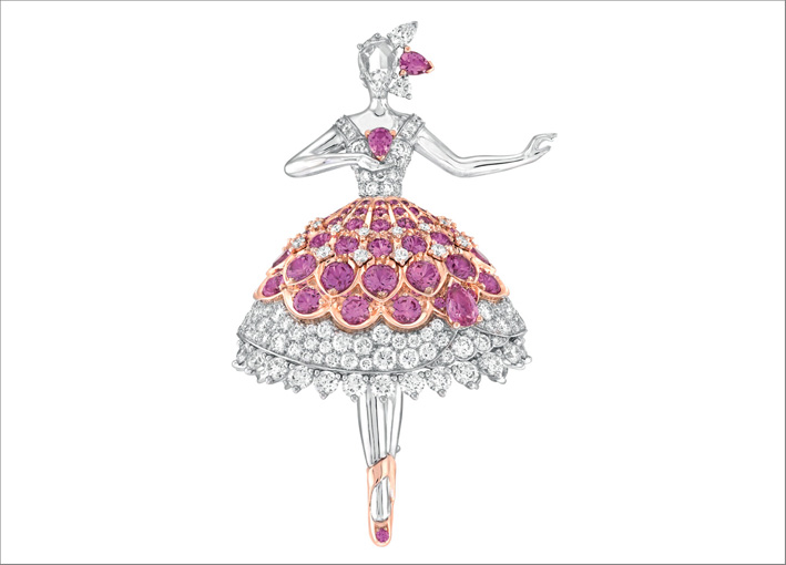 Clip ballerina Pink finch. Oro bianco, oro rosa, zaffiri rosa, diamanti 6
