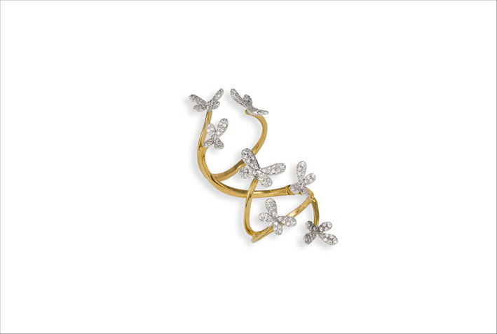 Anello flessibile in oro con sette libellule in pavé di diamanti