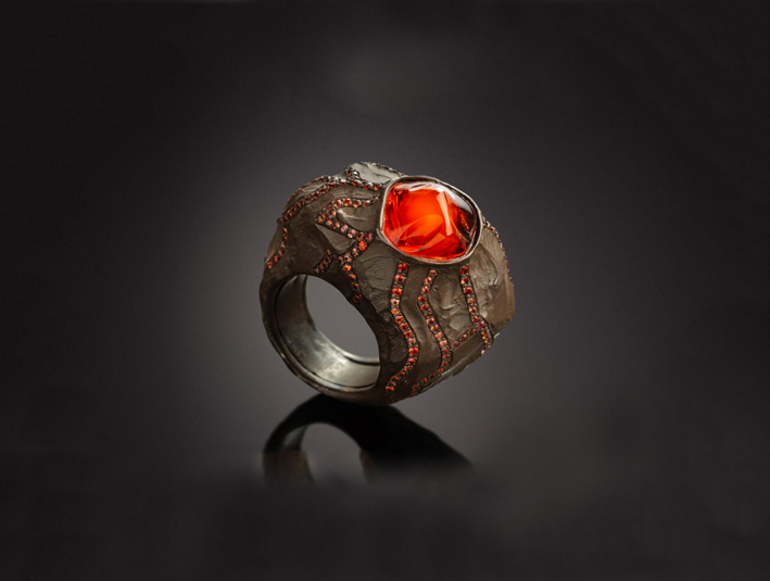 Blackened silver, Mexican Fire opal, orange sapphires ring