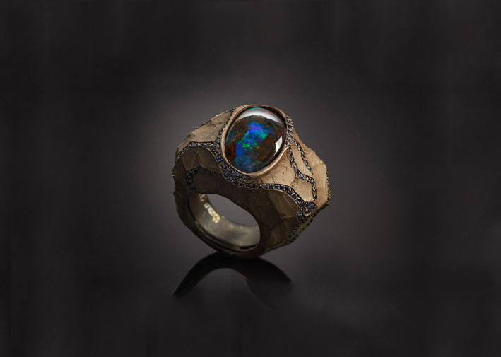 Sciara, Blackened-silver, Australian opal, blue-sapphires ring