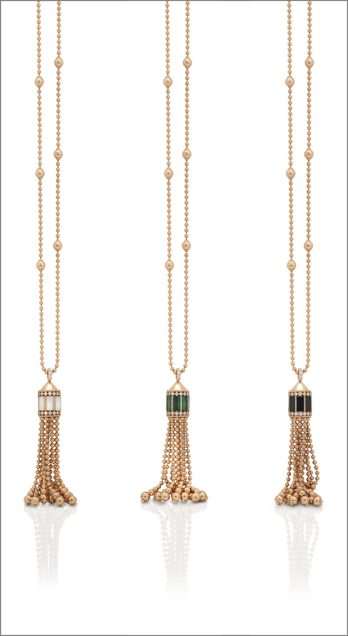 Rose gold tassel pendant with mother of pearl, malachite, black jade and diamonds