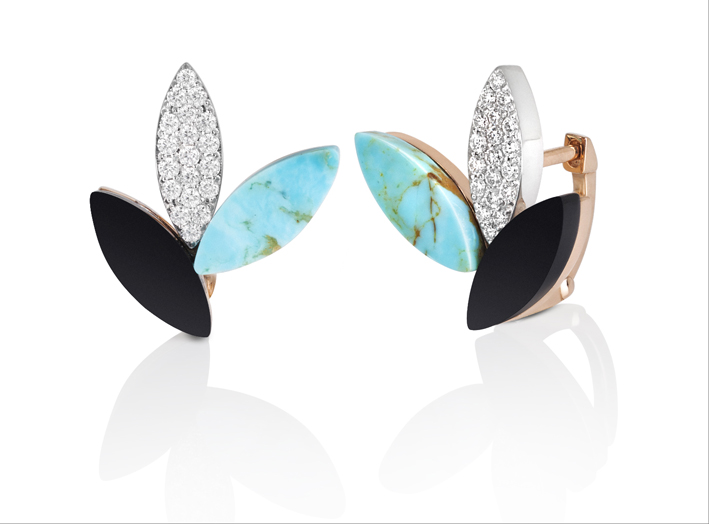 Stud earrings in rose gold with turquoise, diamond pavé and black jade