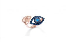 Anello in oro rosa, diamanti e zaffiri blu