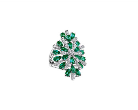 18K White Gold Botanica Emerald & Diamond Floral Burst Cluster Ring