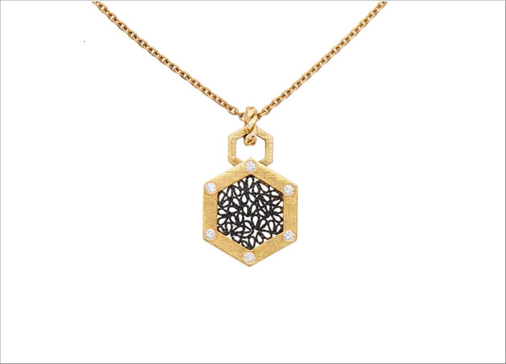 Collana Hexagon in oro 18 carati e argento ossidato