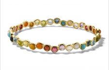 Bracciale in oro con cristallo di rocca, madreperla, turchese, topazio blu di Londra, topazio blu, peridoto, citrino verde oro, citrino di Madeira, corniola, granato, tormalina rosa, amazzonite