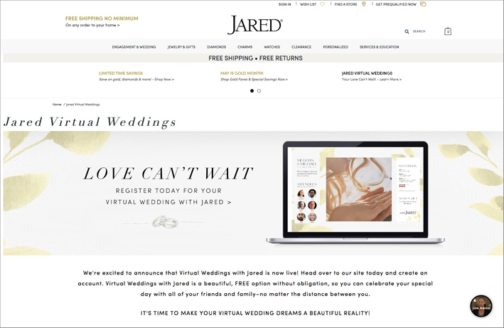 Schermata del sito web di Jared
