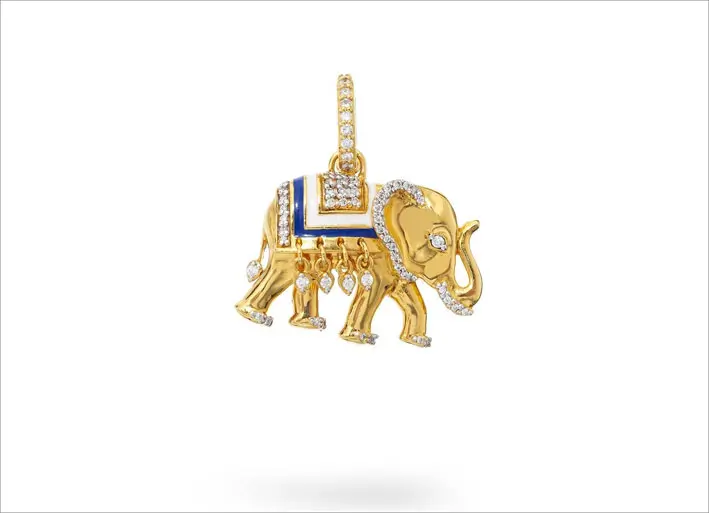 Ciondolo a forma di elefante in oro 20 carati, diamanti, smalto