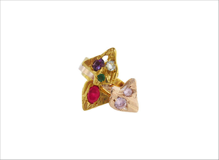Oro giallo, rosa e bianco 18 carati smeraldo, ametista, diamante bianco, 2 zaffiri rosa, Agawa fucsia