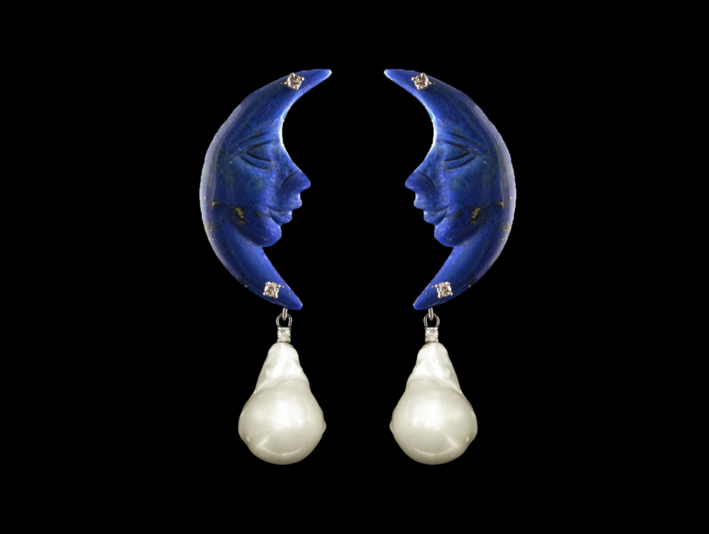 Orecchini con lapislazzuli, topazio bianco e perla barocca