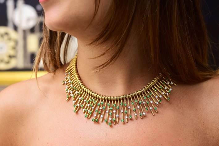 Collana di alta gioielleria Tiffany: oro giallo, diamanti e smeraldi