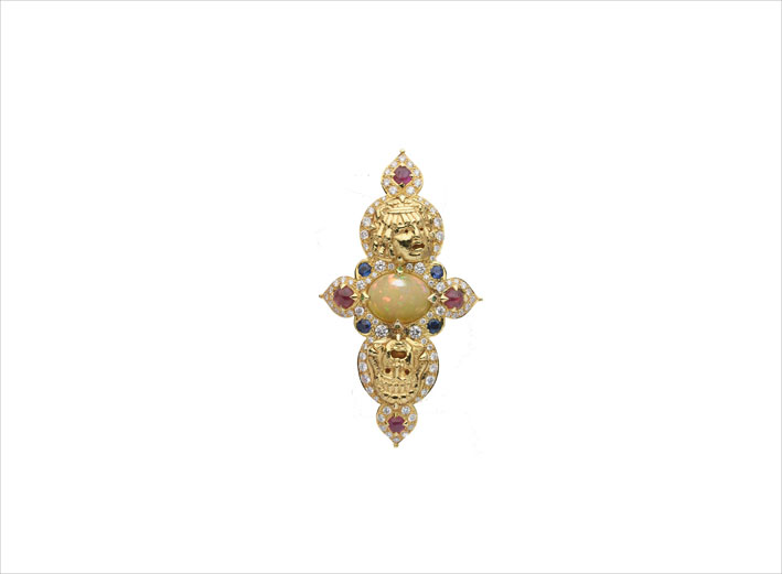Anello Enigma in oro 18 carati, diamanti, zaffiri, opale