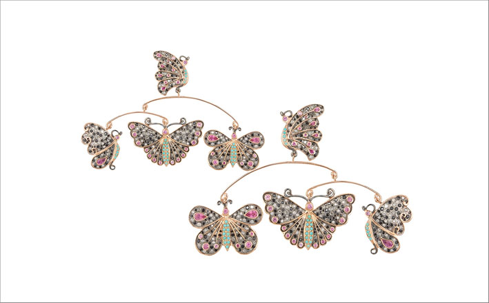 Orecchini Papillon con diamanti neri e zaffiri rosa