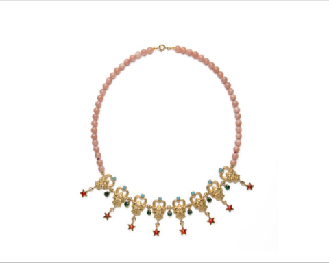 Collana in argento placcato oro, quarzo rosa, cubic zirconia