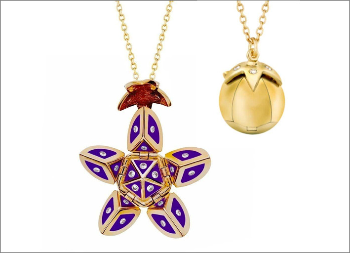 Collana in oro, diamanti e inserti di ceramica viola