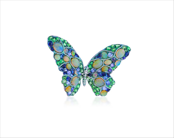 Spilla Butterfly con 44 carati di opale, 27 carati di tsavoriti, 5 carati di diamanti