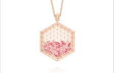Pendente in oro rosa 8 carati con zaffiri rosa e diamanti