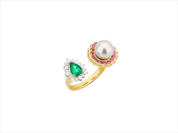 Anello in oro 18 carati, perla, zaffiri rosa e smeraldo