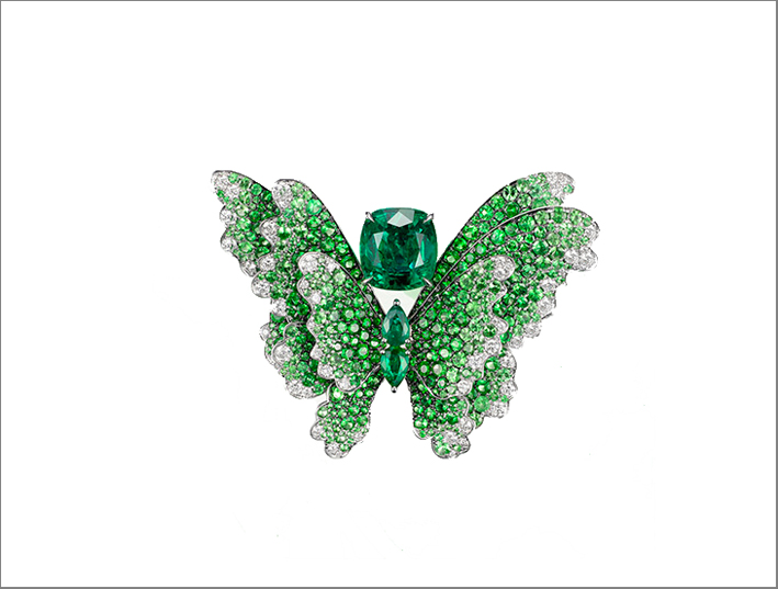 Alta gioielleria Fabergé, farfalla con diamanti e smeraldi