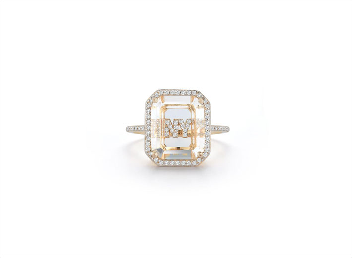Anello in oro 14 carati e diamanti e cristallo di quarzo