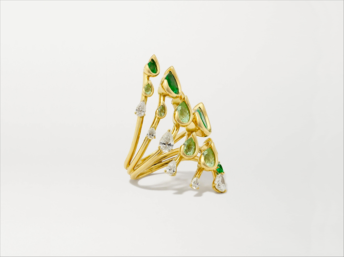 Anello Flare in oro 18 carati con smeraldi e tormalina 