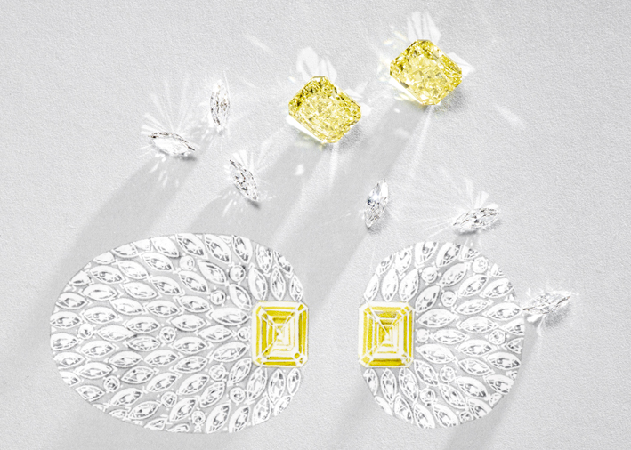 I due diamanti fancy yellow accompagnano l’incastonatura degli 87,23 carati di diamanti