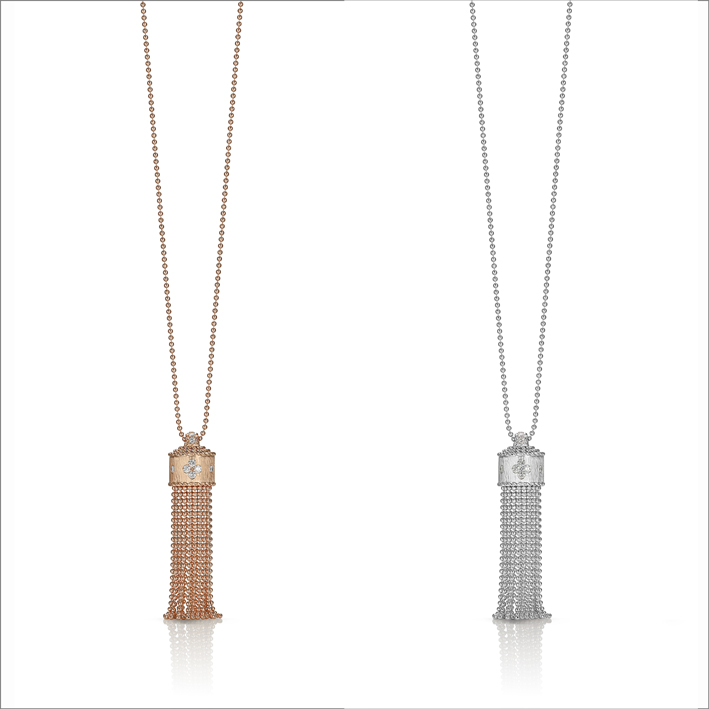 Rose and white gold tassel pendant with satinized finish and white diamonds