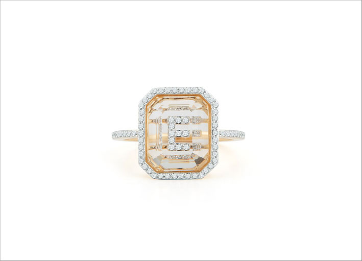 Anello in oro 14 carati, diamanti, quarzo con taglio smeraldo