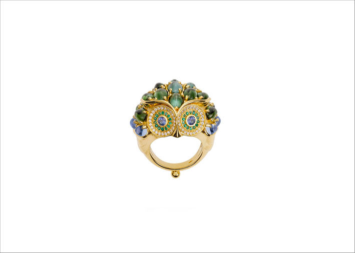 Anello Athena in forma di gufo, in oro 18 carati, tormalina, pietra luna, diamanti, zaffiri, smeraldi