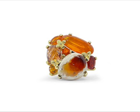 Anello con opale di fuoco sfaccettato, citrino, oro 18 carati