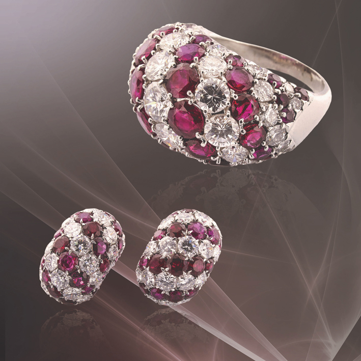 Orecchini e anello di Van Cleef & Arpels con diamanti e rubini