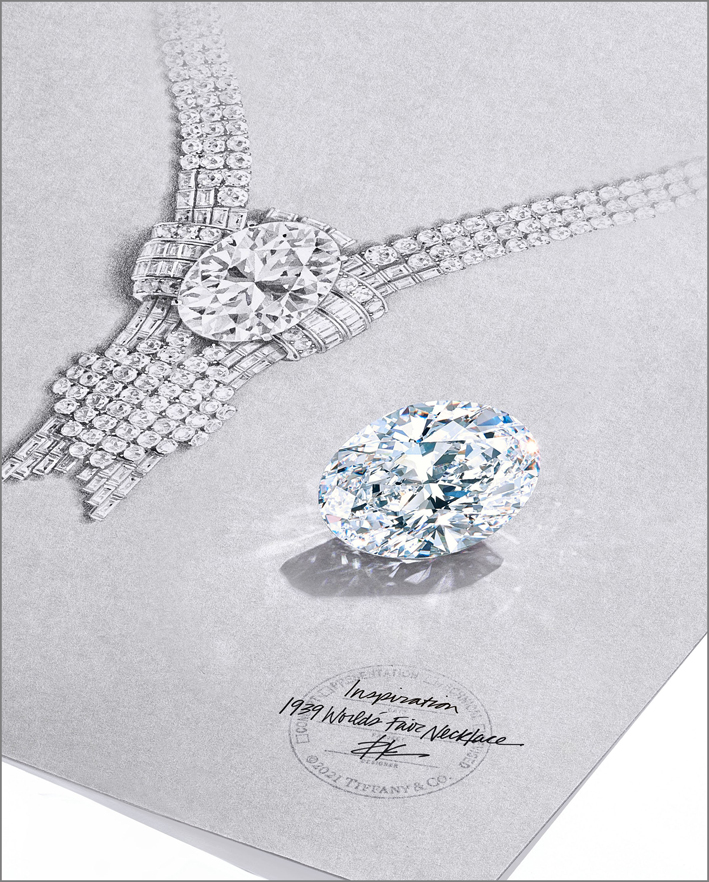 Lo schizzo della nuova collana e il diamante ovale da 80 carati