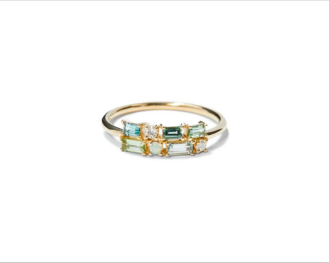 Anello in oro 14 carati con tormalina green, diamante, opale