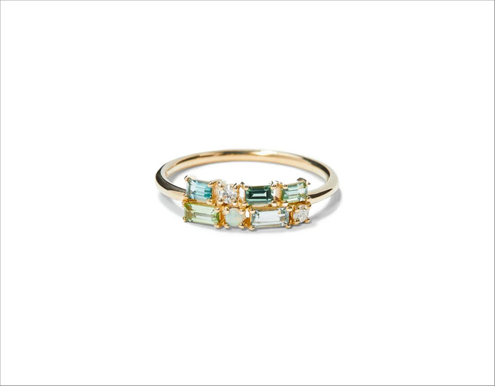 Anello in oro 14 carati con tormalina green, diamante, opale