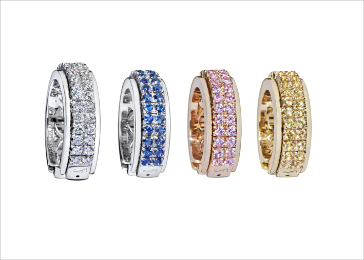 Anelli della collezione Habibi con diamanti, zaffiri blu, rosa e gialli