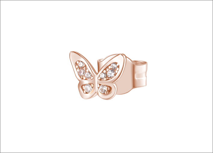 Orecchino in argento 925‰ e placcatura oro rosa a forma di farfalla con cubic zirconia bianchi