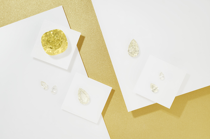 The Dancing Sun, 204,36 carati, e altri diamanti gialli originari della stessa pietra grezza