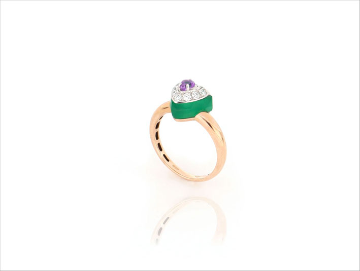 Les Petit Bonbons, anello in oro rosa, onice verde, pavé di diamanti, ametista