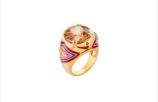 14K yellow gold, the High Sari Odisha Ring, with brown zircon, white diamond and lacquer enamel
