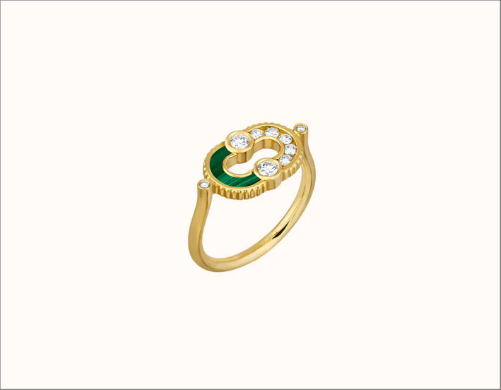 Collezione Magnetic, anello in oro giallo 18 carati, diamanti e malachite