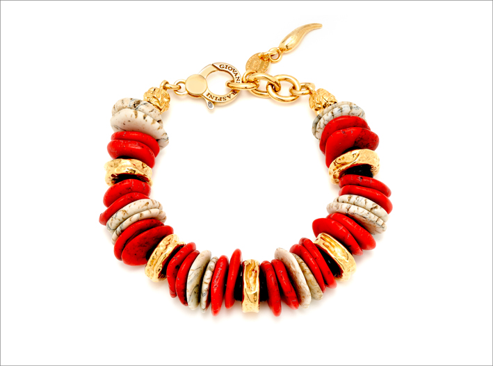 Bracciale Bali Red, in argento dorato, diaspro color sabbia e madrepora rossa