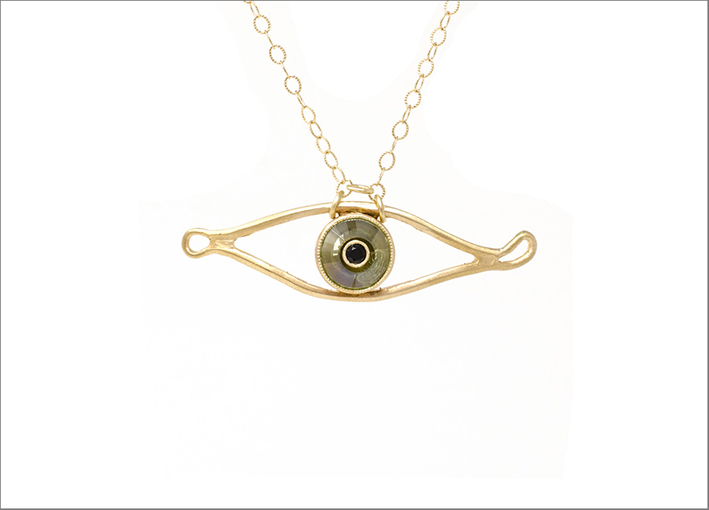 Collana Evil Eye in oro giallo 14 carati, quarzo verde e spinello nero