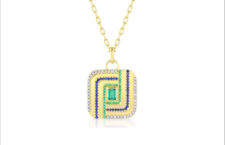 Color Wave Rectangle Pendant necklace, with emerald, tanzanite, blue sapphires