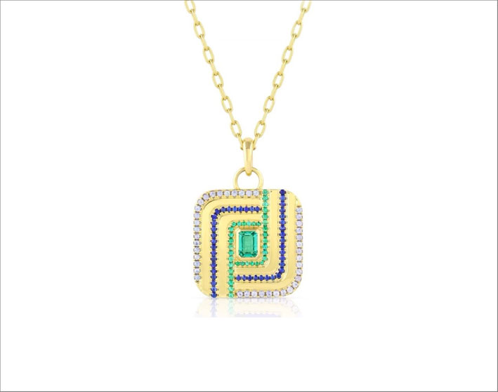 Color Wave Rectangle Pendant necklace, with emerald, tanzanite, blue sapphires
