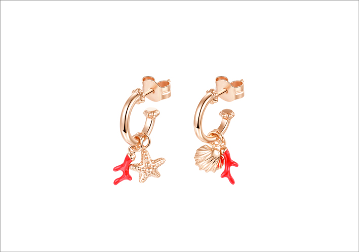 Orecchini a lobo in argento 925 e placcatura oro rosa con pendenti a forma di conchiglia, stella marina e corallo con smalto rosso