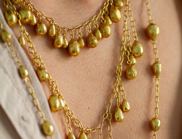 Quatra, hand-made gold vermeil egg chains by artisans of Turquoise Mountain, Afghanistan