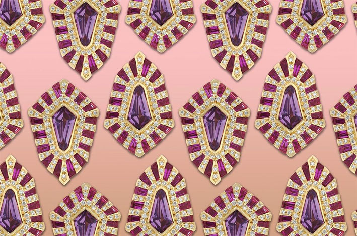 The Twist in Shield cut purple sapphire, pink sapphire, round brilliant diamonds